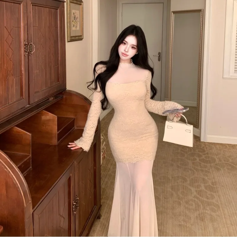 

Long Sve Lace Dr Me Splicing Высокая талия Fi Tail Длинная юбка Женская осень-зима Новая Sle Ele Slim Fit H pe ...