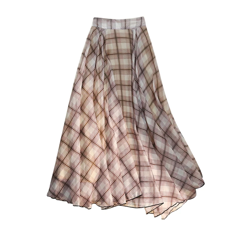 

Spring Summer Elegant Versatile Pleated Half Skirt Streetwear Trend Retro French Fashion Women Khaki Plaid High Waist Long Skirt