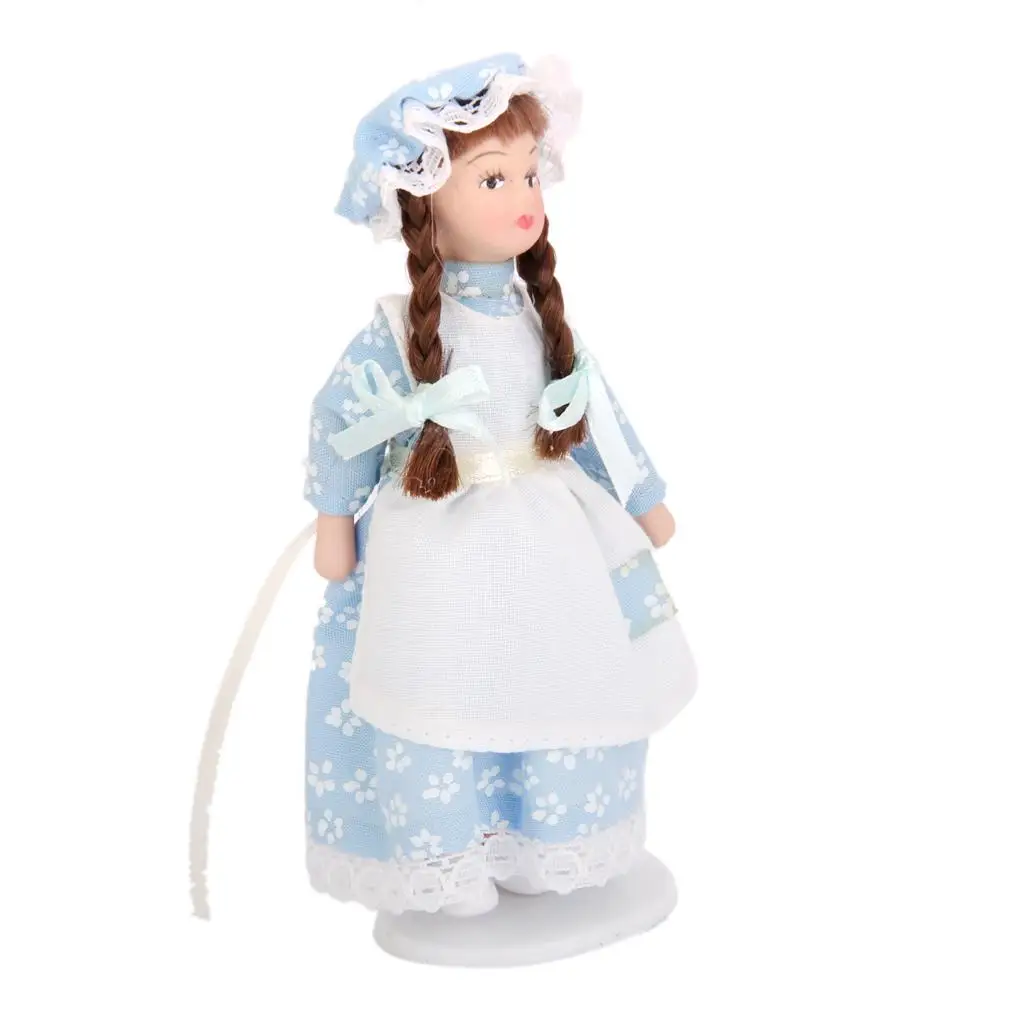 Poupées miniatures en porcelaine, maison de courses, cheveux tressés, petite fille servante avec support