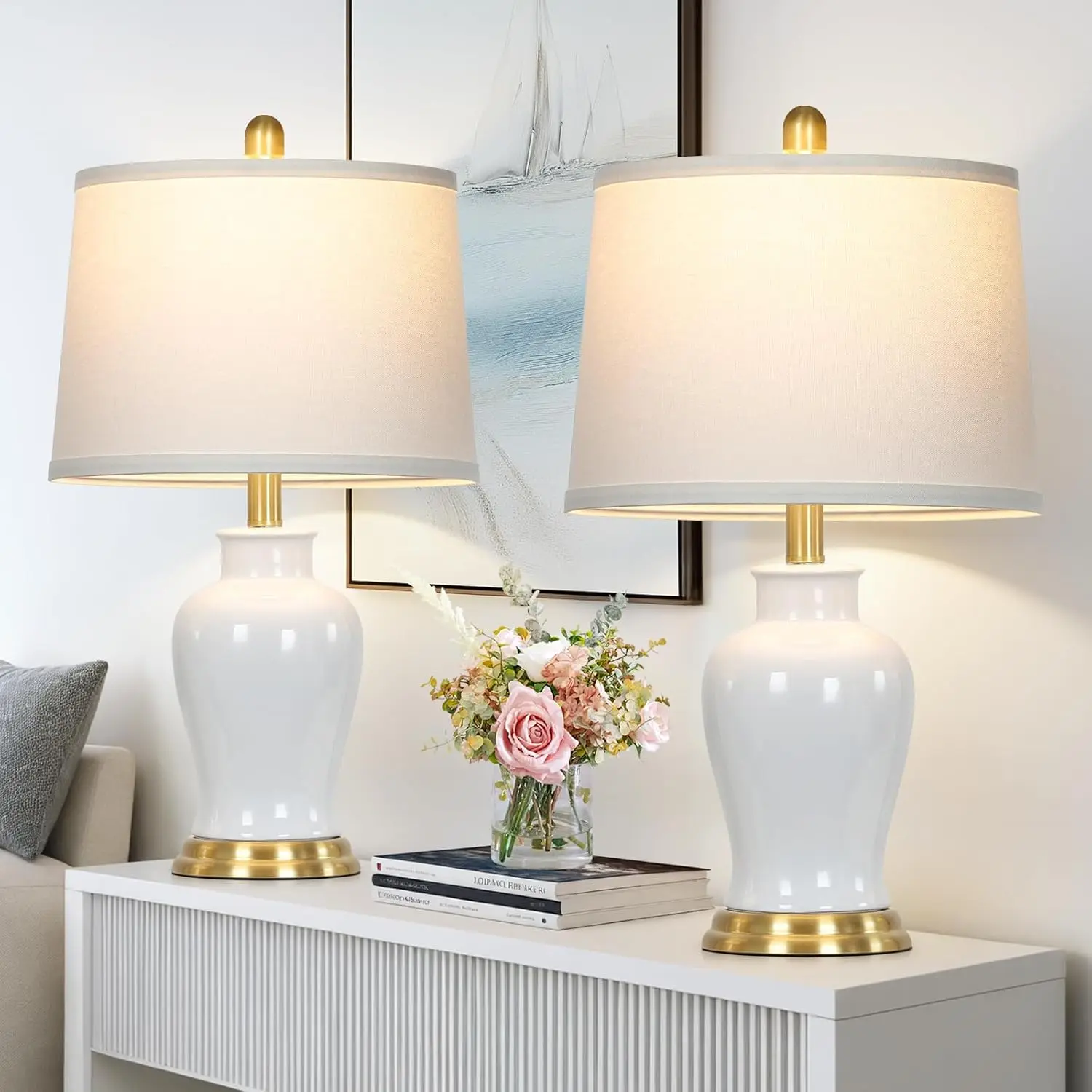 

Modern Ceramic Table Lamps Set of 2, 23" White Lamps for Living Room, Rustic Farmhouse Bedside Lamp with Ginger Jar Design