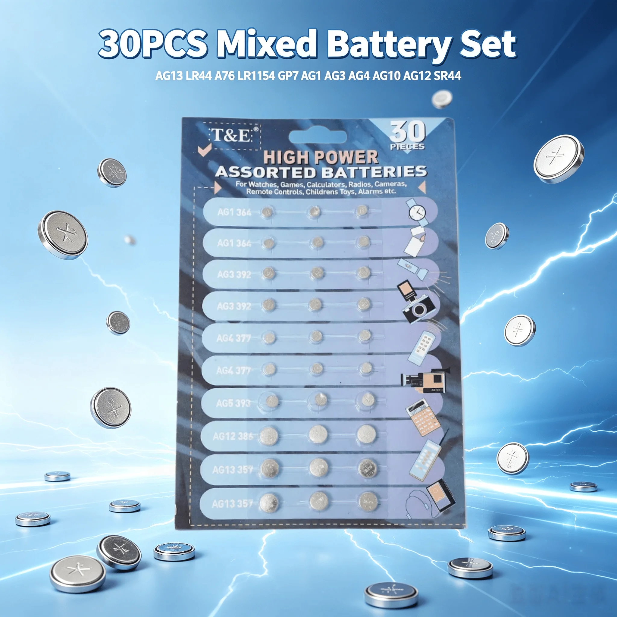 30PCS Mixed Battery Set AG13 LR44 A76 LR1154 GP7 AG1 AG3 AG4 AG10 AG12 SR44 For Watch Remote Control Small Electronic Devices
