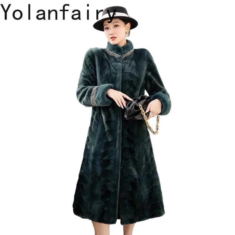 

YOLANFAIRY High Quality Splicing Mink Fur Coat Woman 2025 Winter Stand Collar Long Fur Jacket Elegant Outerwears Mink Fur Coats