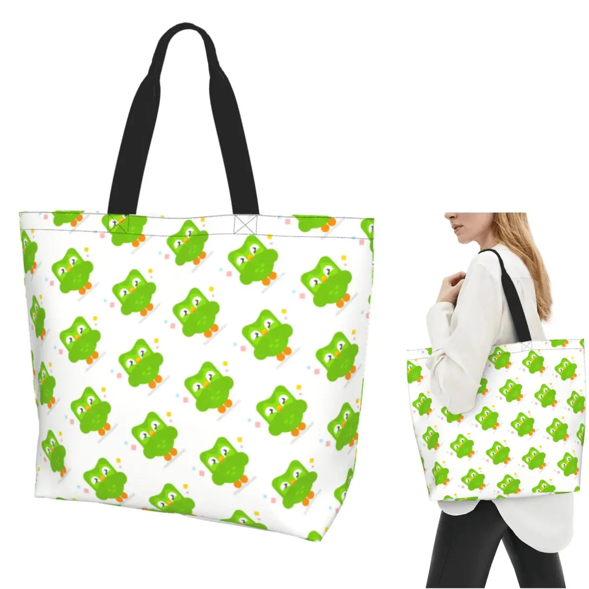 

Duolingo Owl Duo Shopping Tote Bag Canvas Large Capacity Shoulder Bags Shopper Grocery Handbag for Women