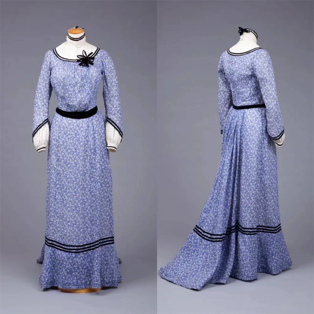 1900 Victorian Vintage Regency Long Sleeves Blue Dress Medieval Women\'s Bustle Belle Gown Tea Party Dress