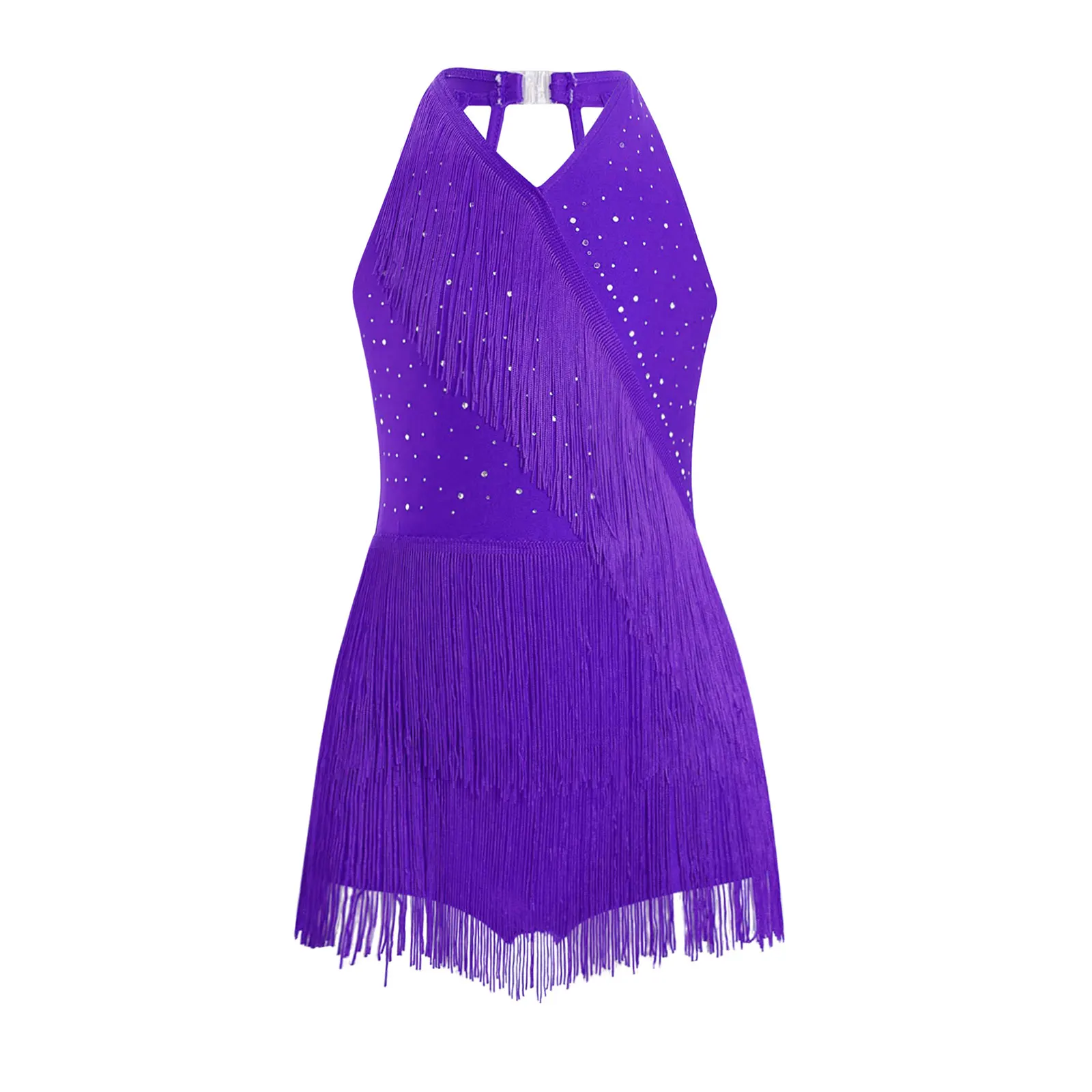

Kids Girls Latin Dance Dress Glittery Rhinestones Fringe Leotard Dress Halter V-neck Sleeveless Strappy Back Tassel Jumpsuit