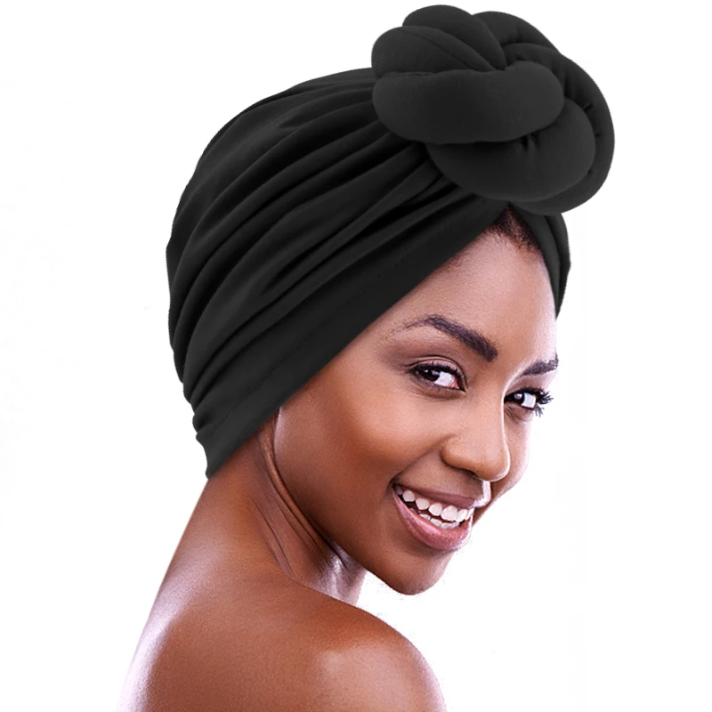 New African Solid Color Knotted Turban Women Cotton Chemo Cap Headscarf Beanie Hat Party Wedding Turban Headwear Turbante Mujer