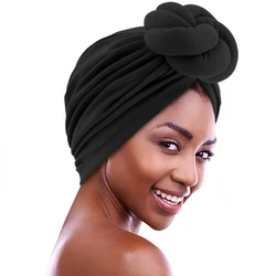 New African Solid Color Knotted Turban Women Cotton Chemo Cap Headscarf Beanie Hat Party Wedding Turban Headwear Turbante Mujer