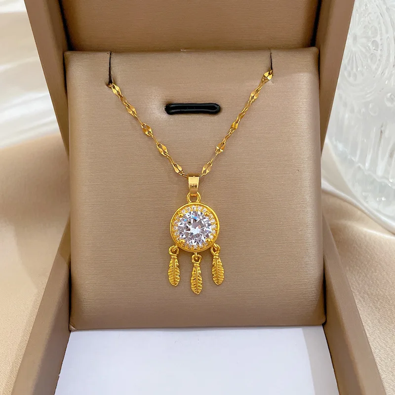 316L Stainless Steel Feather Dream Cather Necklace For Elegant Women Korean Round Crystal Choker Trendy Jewelry Accseeories