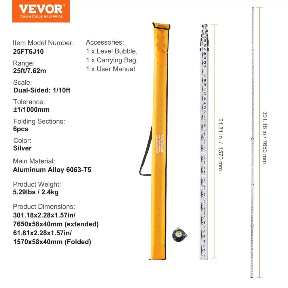 Telescopic Measuring Rod 25ft - 6 Sections, Gradation 1/10ft, Includes Carry Bag