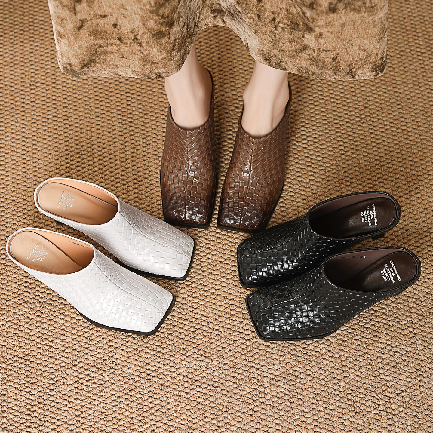 2026 new summer women sandals natural leather 22-25cm weave cowhide+sheepskin square toe mules high heel women slippers fashion