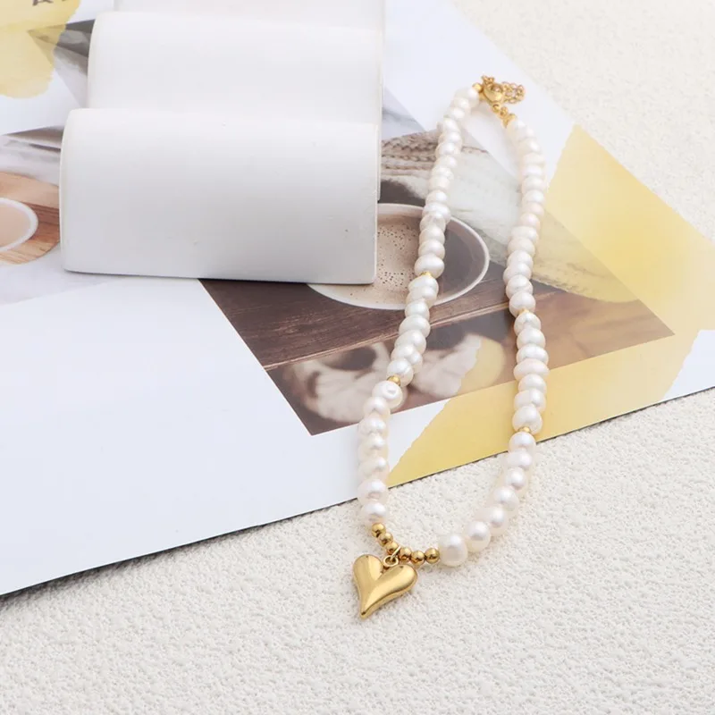 ALLNEWME Hot Sale Multiple Freshwater Pearl Pendant Necklaces for Women  Real Gold Plated Brass Mermaid OT Clasp Heart Choker