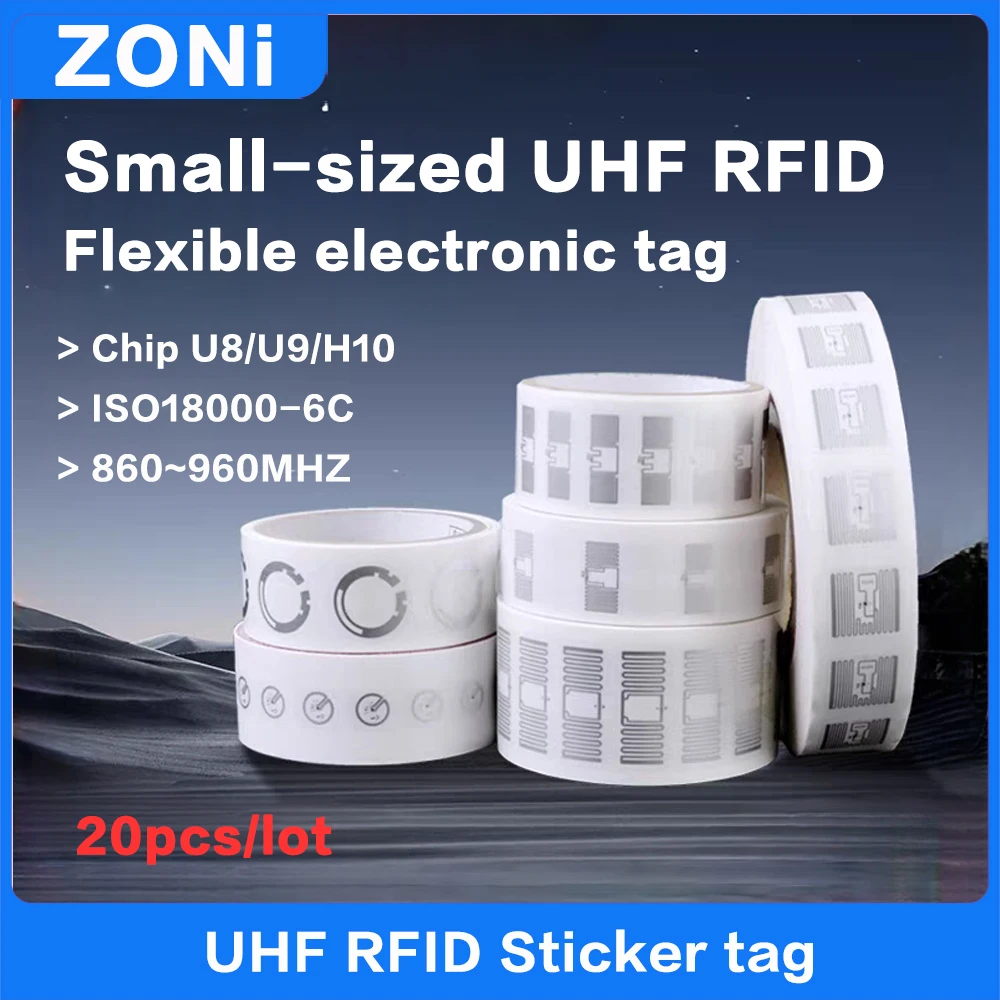 20 Stück kleine RFID-UHF-Tag 860 ~ 960 MHz ISO18000-6C NXP U8 U9 H3 H10-Chip selbstklebender elektronischer Label-Nass-Inaly-Tag-Aufkleber