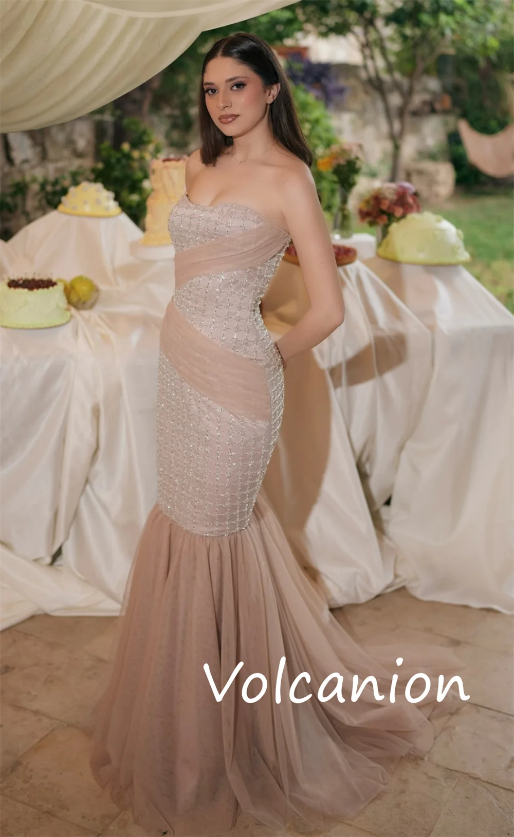 Customized Modern Style Chiffon Sequined Pleat Trumpet Strapless Long Dresses Bespoke Occasion Elegant