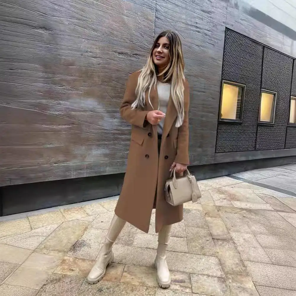 Lapel Button Coat Women’s Mid-length Overcoat with Lapel Collar Button Closure Winter Coat with Pockets Solid for Weather
