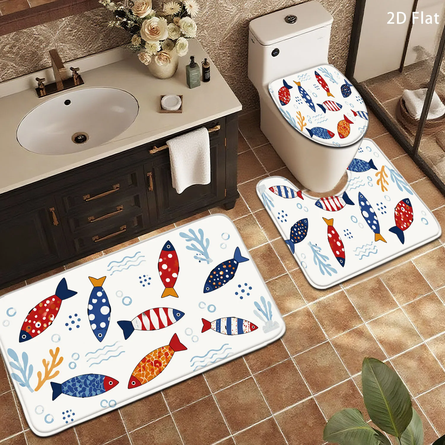 Cute Nautical Mermaid Sea Life Bath Mat Set 3 Piece Bathroom Decor Rugs for Kids and Family Bathroom