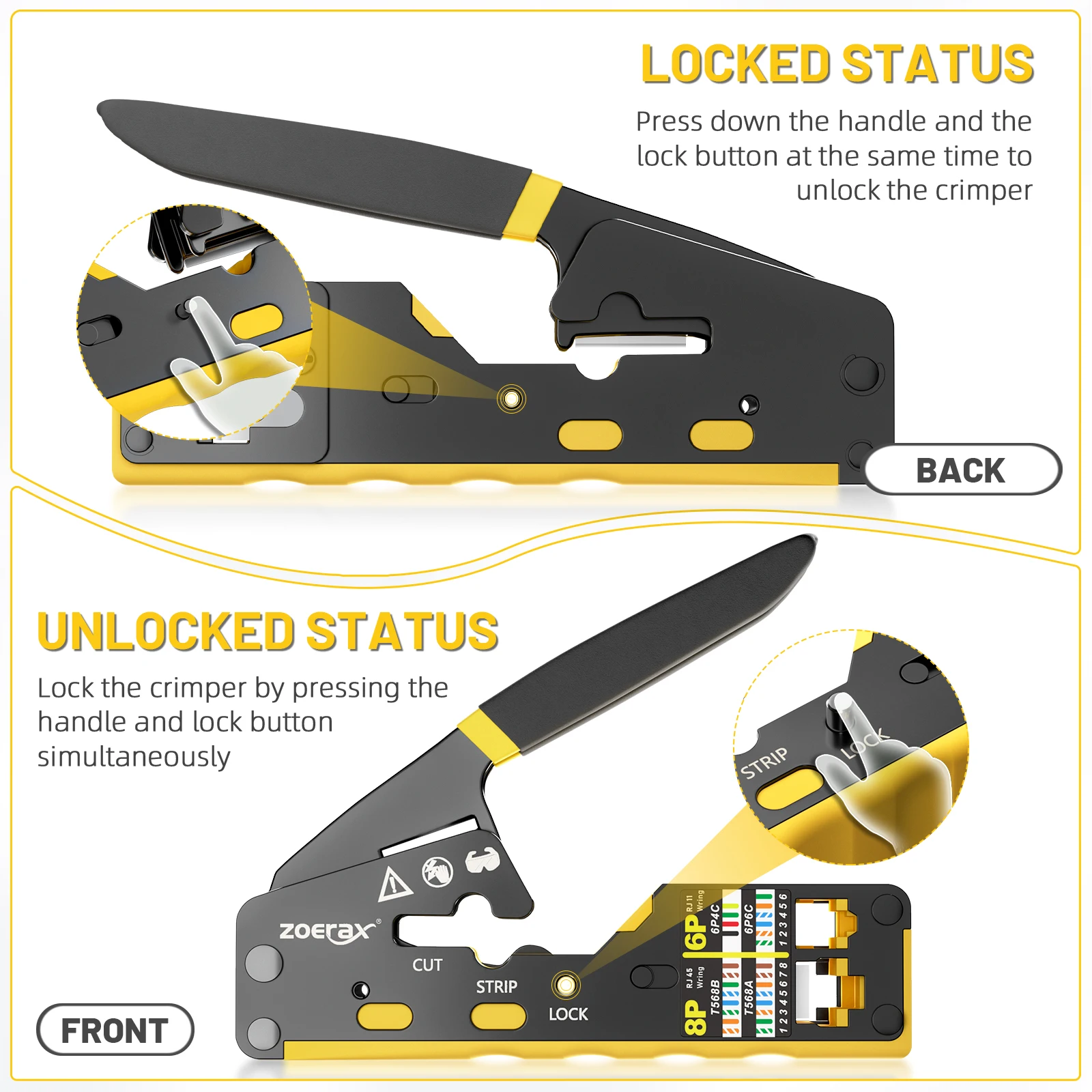 ZoeRax RJ45 Crimp Tool Pass Through Ethernet Crimping Tool for Cat6 Cat5 Cat5e RJ45 Connectors with Replacement Blade