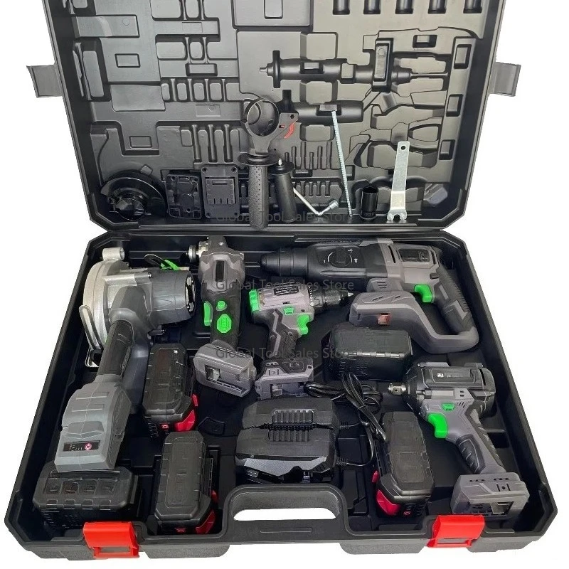 Conjunto de ferramentas elétricas 5 em 1 sem fio, atacado, chave cinza sem escova, broca de impacto, moedor de ângulo, martelo e serra circular, OEM p
