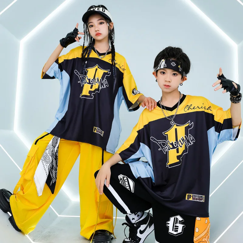 Loose T Shirt Yellow Pants Boys Street Dance Costume Girls Sport Top Shorts Kpop Jazz Performance Wear Kids Hip Hop Clothing