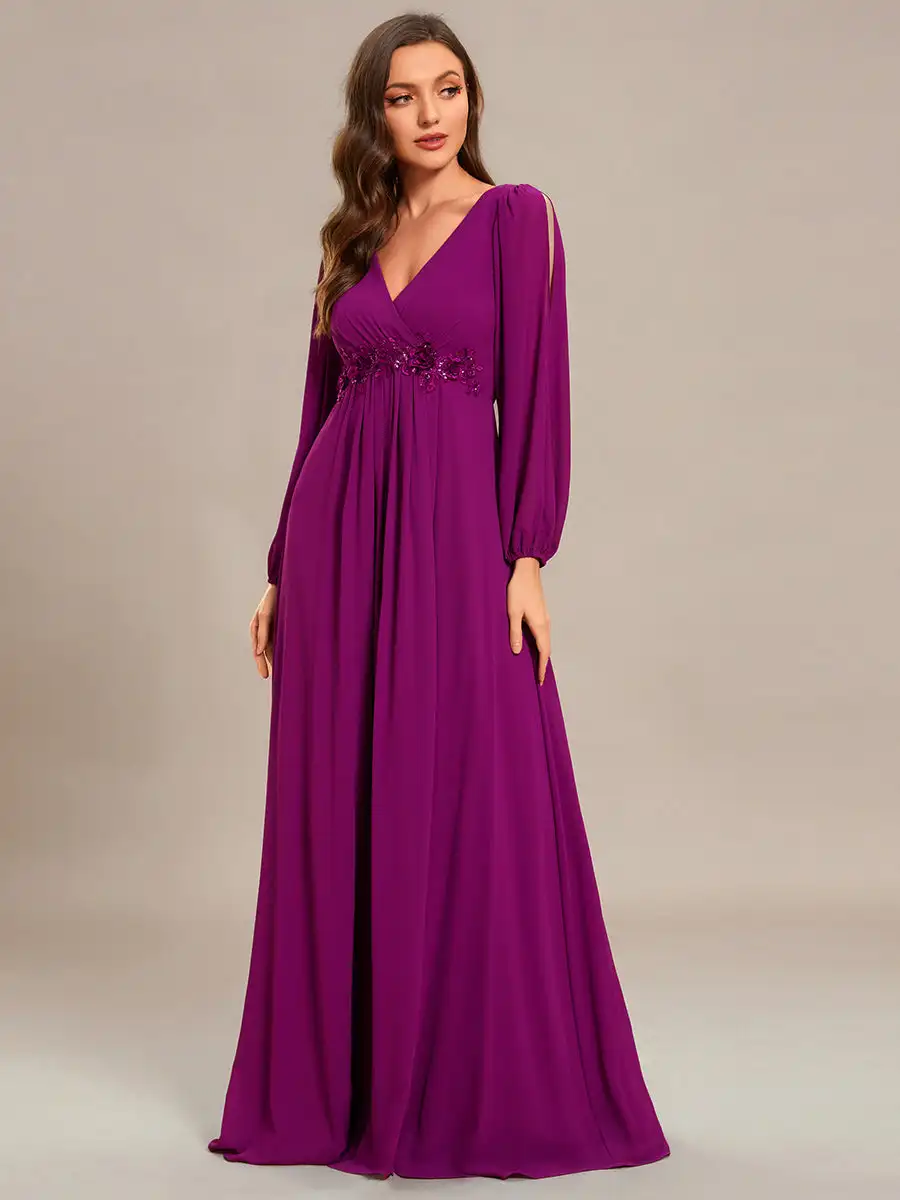 Eleganckie suknie wieczorowe Głęboki dekolt w szpic Długie rękawy typu lampion Projekt naklejki Długość podłogi 2025 Ever Pretty of Fuchsia Sukienka dla druhny