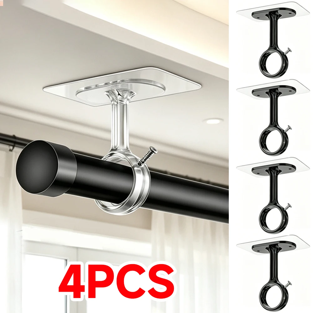 Self Adhesive Curtain Rod Brackets No Drilling Clear/Black Curtain Rod Holders Hangers Heavy Duty Ceiling Curtain Rod Hook Suppo