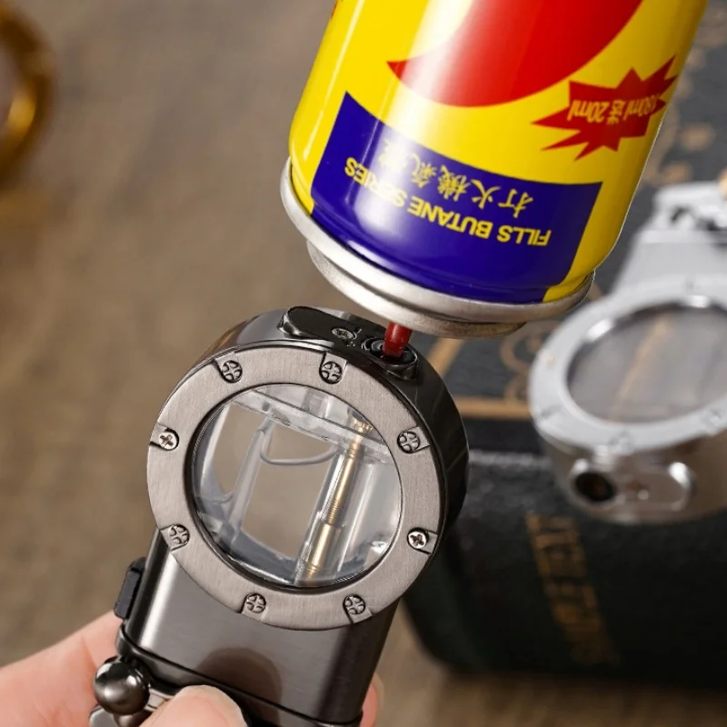 Rocker Arm Dual Fire Butane Gas Lighter Metal Visible Gas Window Jet Flame Switching Open Flame Cigar Lighters Smoking
