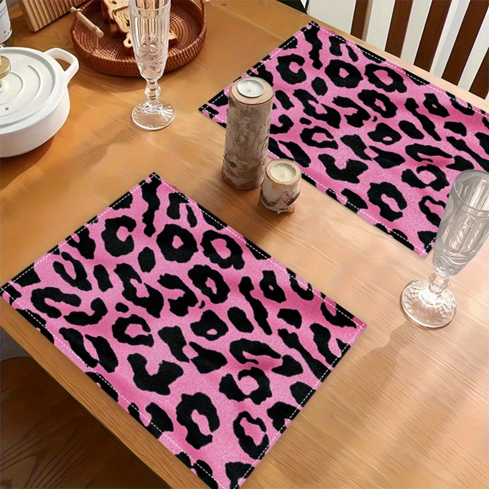 Pink Black Leopard Print Placemats Heat Resistant Modern Fashion Dining Indoor Daily Household Table Supplies