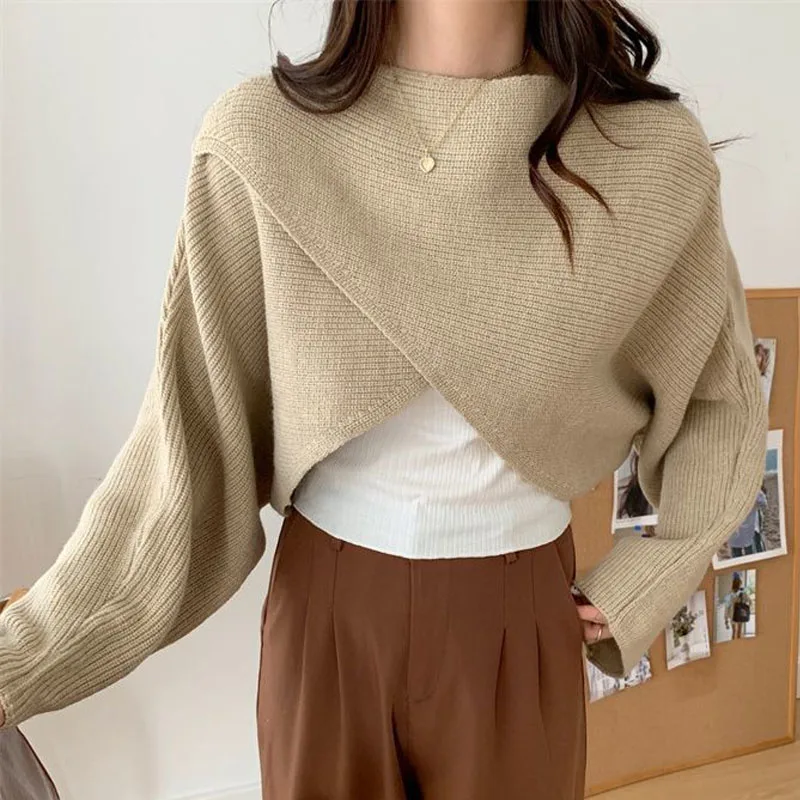 New Autumn and Winter Fashion Lazy Style Irregular Cross Round Neck Loose Versatile Foreigner Long Sleeve Casual Women\'s Sweater