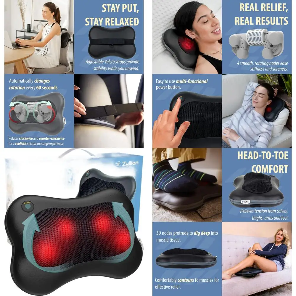 

3D-массажная подушка электрическая с функцией глубокого шиацу-массажа и подогревом для снятия боли в спине и мышцах, черная