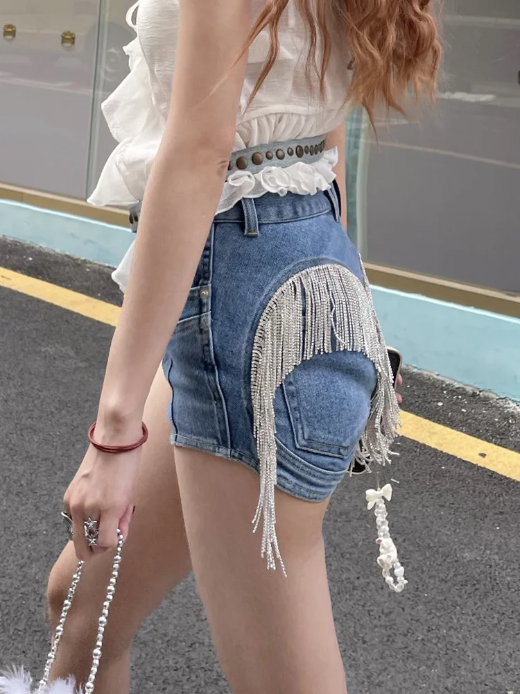 DEAT Denim Shorts Slim Contrast Color Patchwork Crystal Tassel High Waist Mini Short Pants 2025 Spring New Fashion 29L0423H