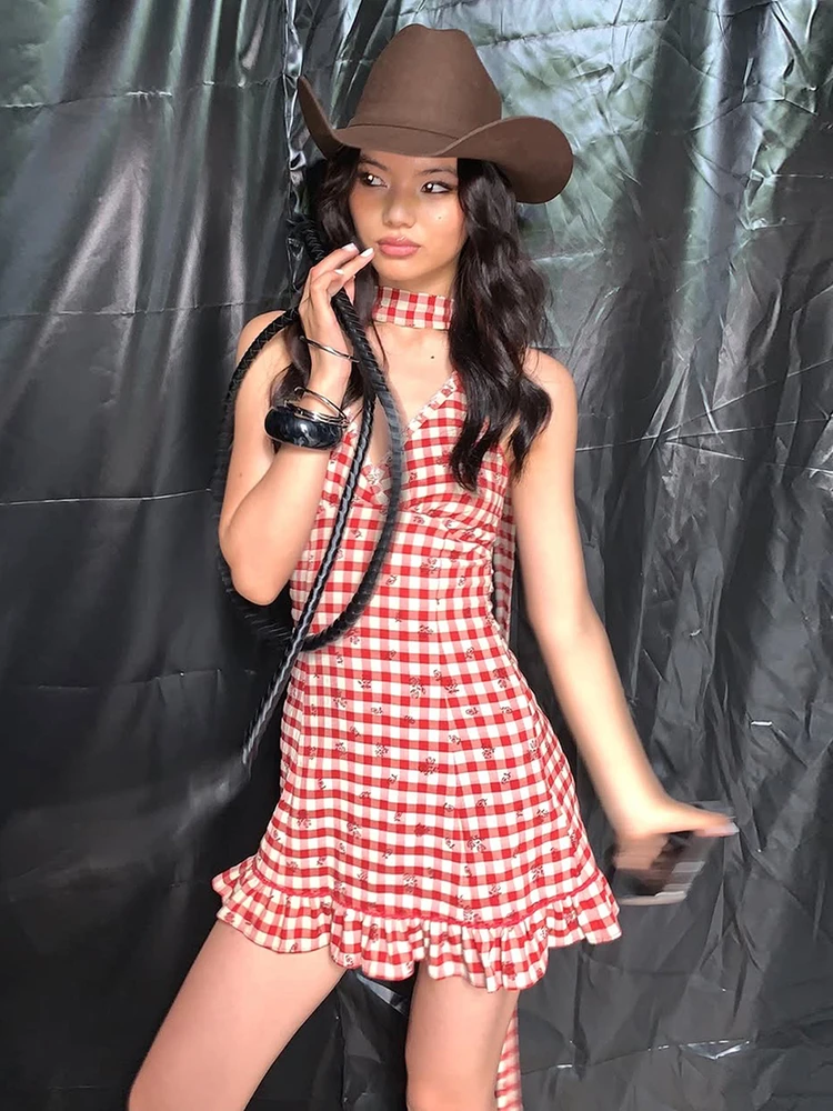 WEIRD PUSS Western Spicy Girl Plaid Print Sa Pendurado Ne Dr Mulheres Sli Emagrecer Or Saia Doce Sle Cintura Alta P...