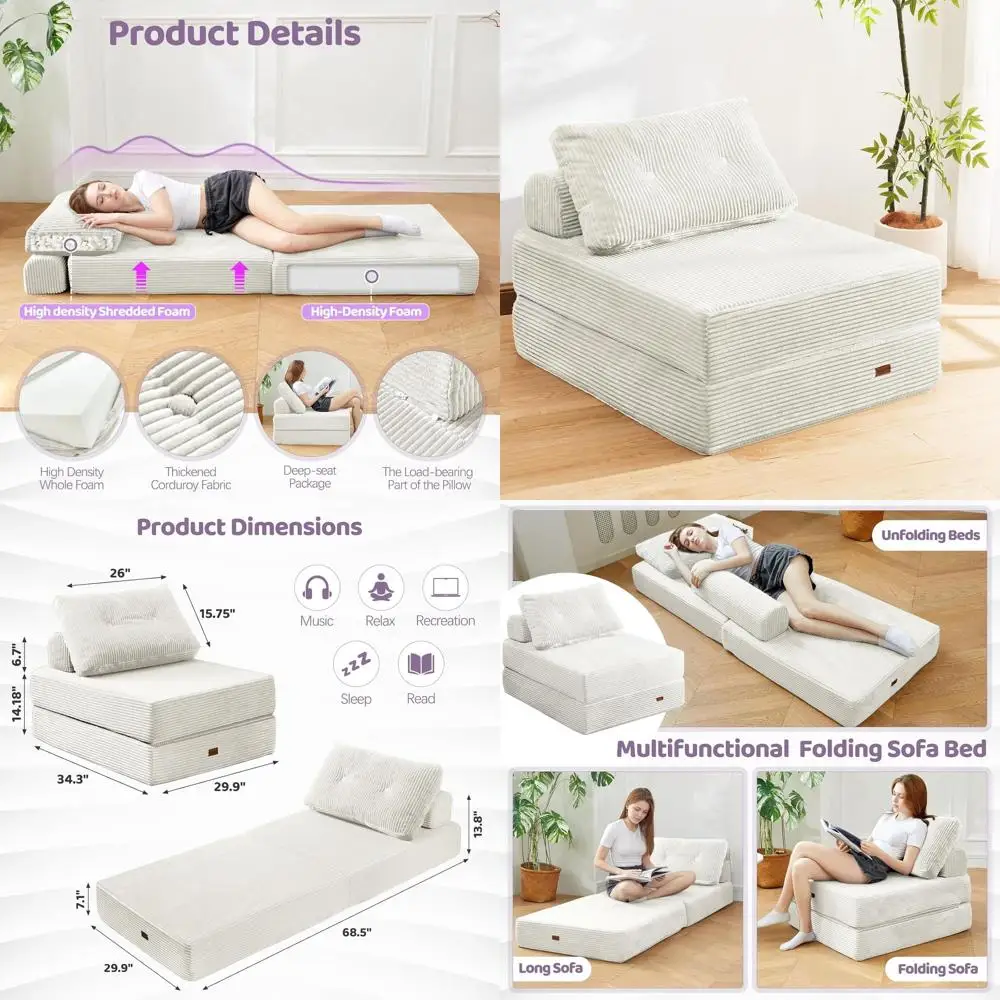 

Folding Chair Bed with High-Density Foam and Pillow Backrest, Portable 3-in-1 for Living Room, Bedroom, Balcony, Hotel, Single U