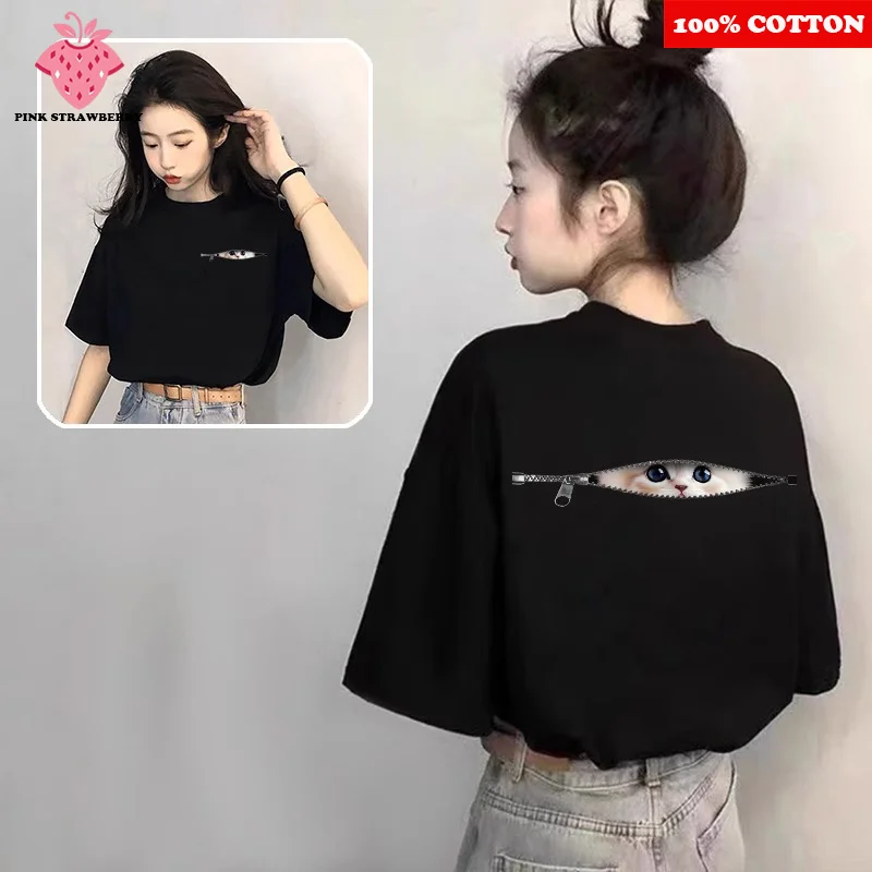 

Cute Cat Print Short sleeve T-shirt Women Summer 2025 New 100% Cotton Short sleeves Casual Loose T-shirt Y2k Tops Female clothes