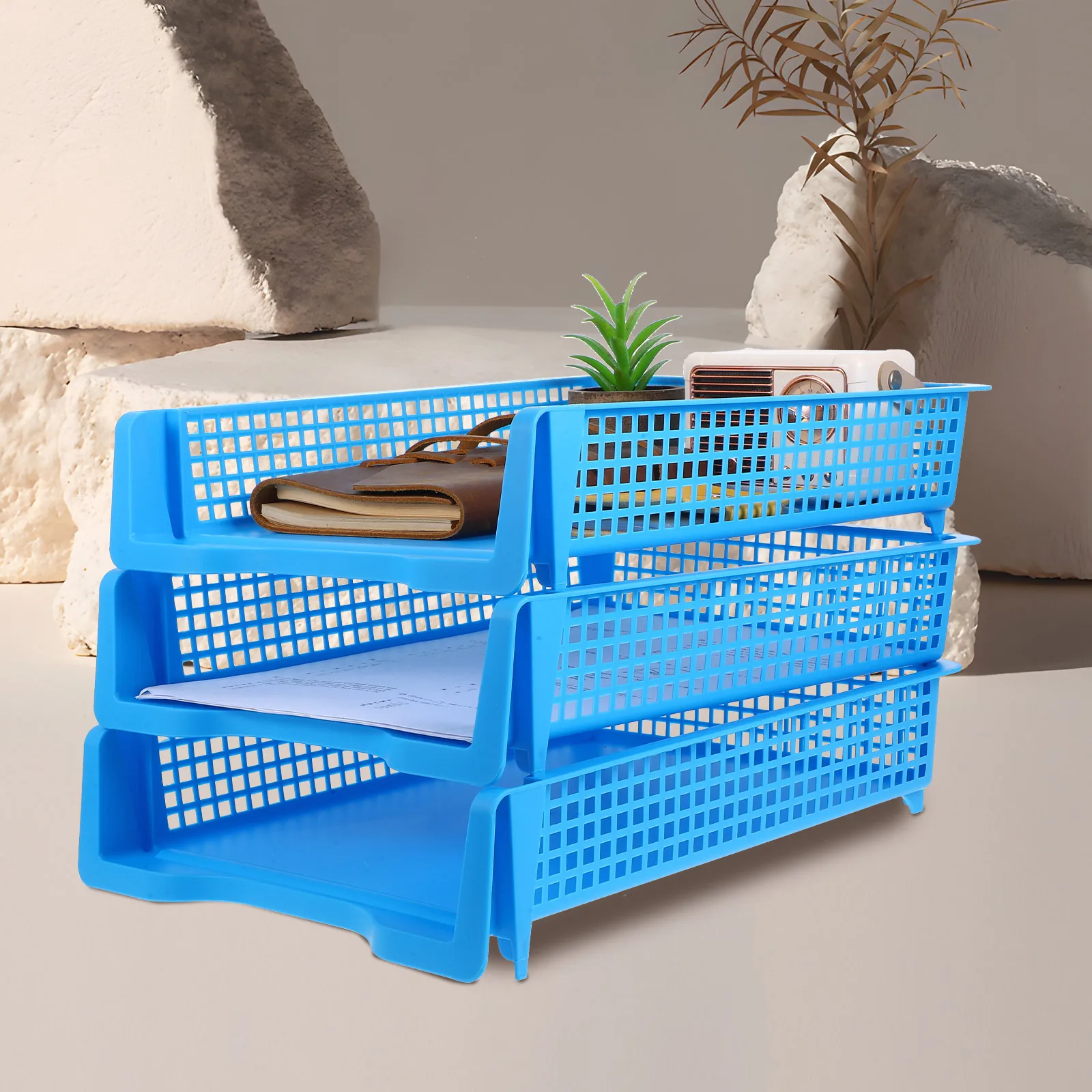 

3 Pcs File Basket Stackable Trays Paper Desk Organizer for Classroom Blue Letter Office