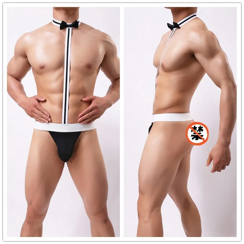 섹시한 남성용 나비넥타이 시시 브리프 팬티 끈 팬티 에로틱 게이 남성 웨이터 코스튬 바디수트 란제리