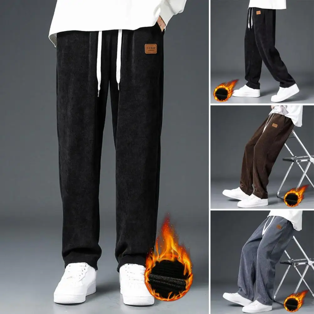 Drawstring Fleece Pants Cozy Plush Men's Winter Pants with Wide Leg Drawstring Waist for Warmth Comfort Soft Straight Trousers