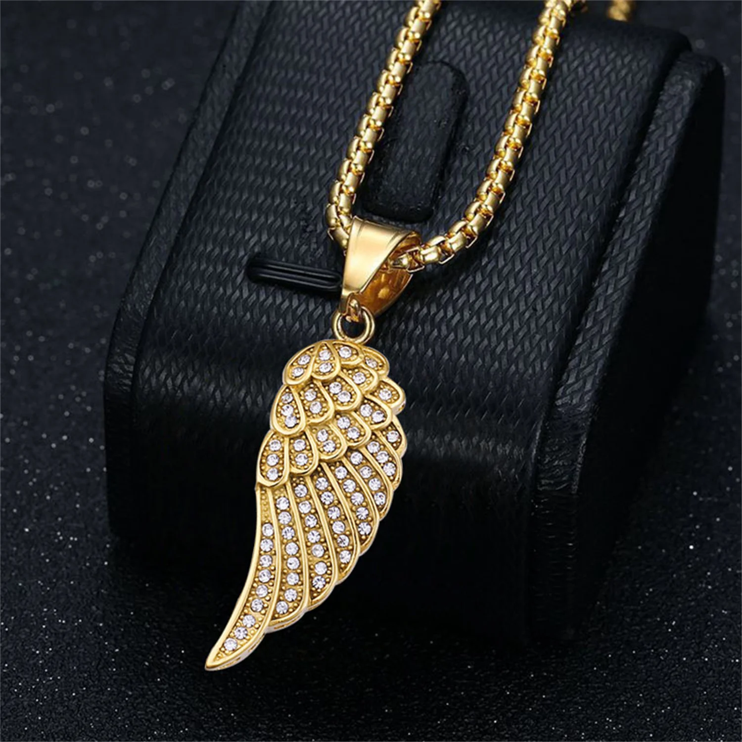 Hip Hop Iced Out Bling Angel Wing Pendant Dropshipping Gold Color Stainless Steel Rapper Necklace for Men Hiphop Jewelry Gift