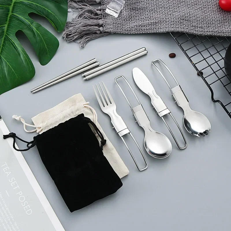 2024 New Portable Folding Tableware Set, Salad Spoon, Fork, Chopsticks, Outdoor Picnic Travel 304 Stainless Steel Material