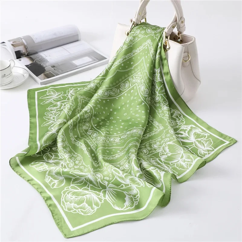 Luxury 2024 Floral Print Square Silk Scarf for Women Hijab Hair Bands 70cm Neckerchief Female Satin Shawl Ribbon Headband