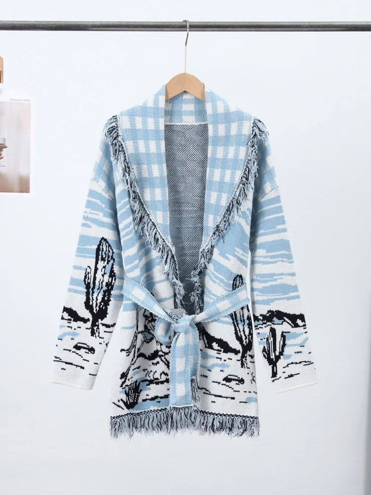 Print Knit Tassel Cardigan Women With Belt Blue V-neck Long Sleeve Lace Up Sweater Female 2026 Autumn Winter Chic Lady Knitwear view 6