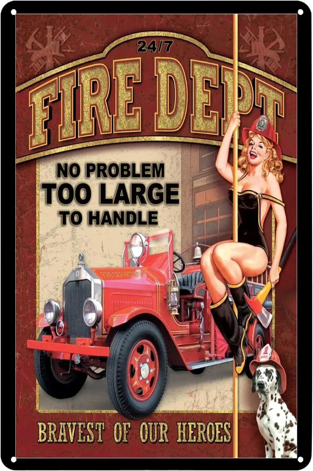 

Fire Dept Firefighter Pin Up Girl Metal Poster Sexy Woman Dog Tin Sign Wall Art Decor Plaque for Home Bar Club Cafe Man Cave Gar