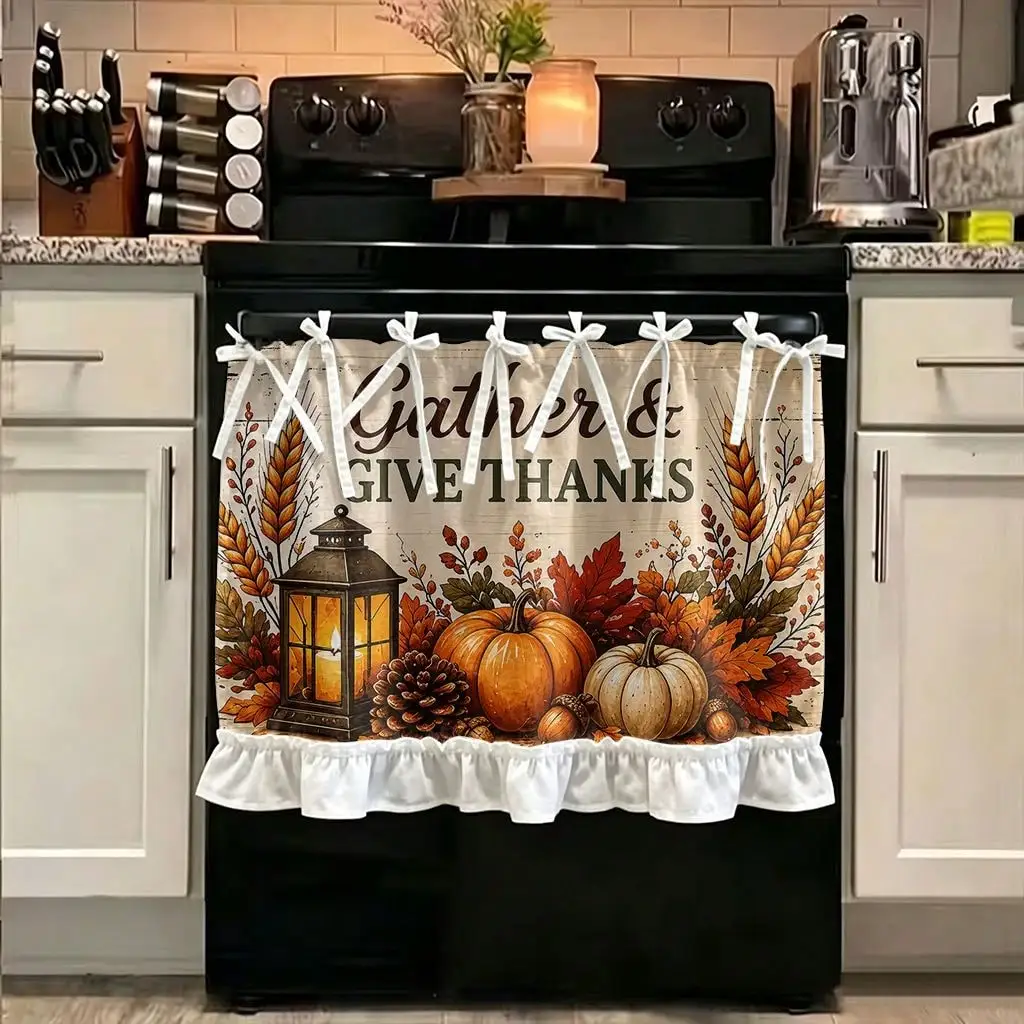 2D Flat 1pc Farmhouse Fall Harvest Kitchen Stove Oven Valance, 2D Printed Gather And Give Thanks Autumn Home Decor Curtain for Dishwasher Microwave Cabinet Kitchen Sink, Festival Gift, Great Addition to Thanksgiving Family Gathering