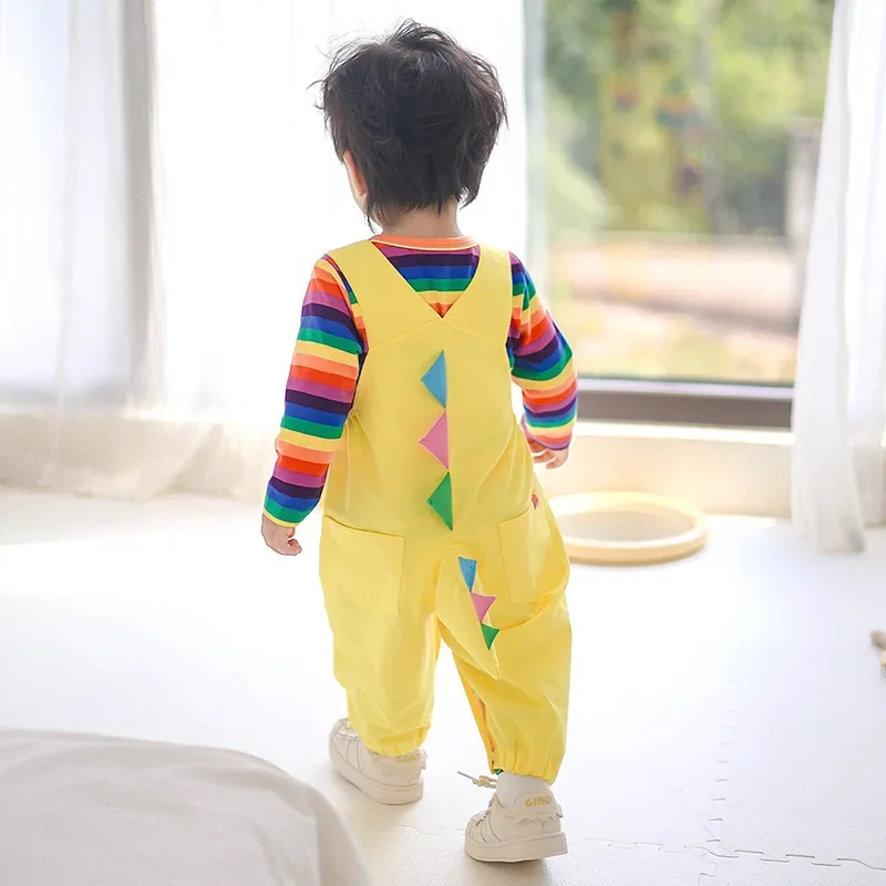 Autumn New Baby Clothes Rompers Boys Girls Bodysuit Children\'s Set Stripe Top +Overall Cartoon Dinosaur Animal Jumpsuits 0-3 Y