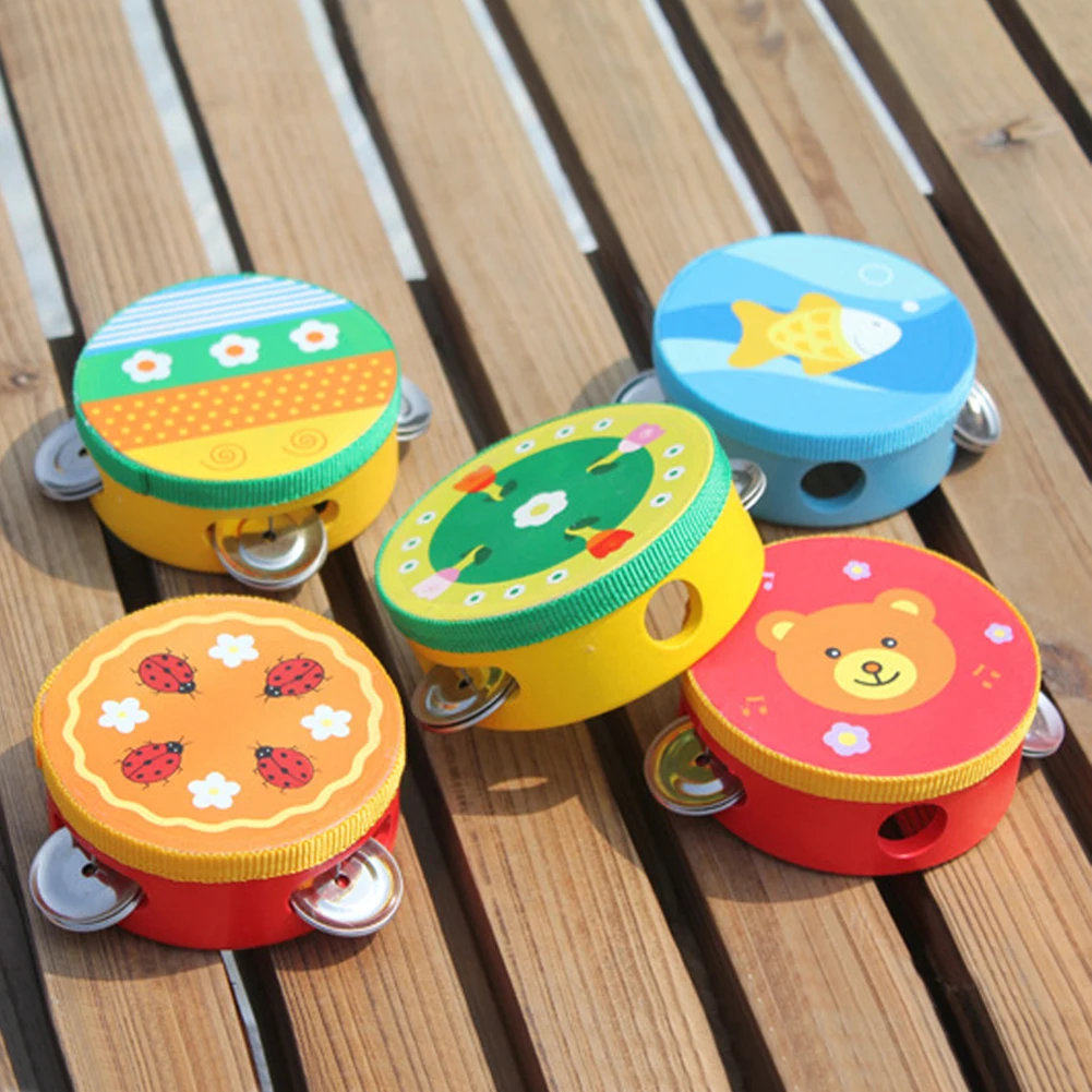 10cm Wooden Tambourine Drum Bell Manual Color Random Musical Instrument Percussion Teaching Aids Lightweight for Kids Party Game