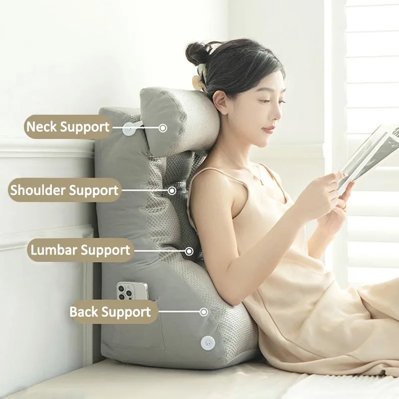 Reading Pillow for Bed Adult Back Support Back Rest Pillow for Sitting in Bed Floor Pillow with Pockets Removable Washable Cover