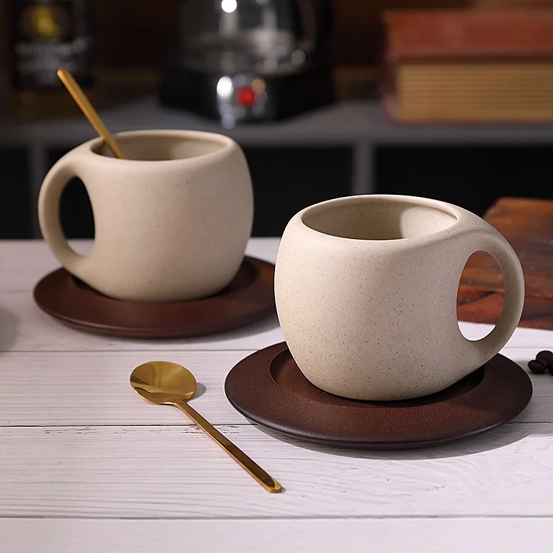 Vintage Ceramic Coffee Cup and Saucer Set Latte Americano Tea Cup with Spoon Wooden Coaster Afternoon Tea Tableware