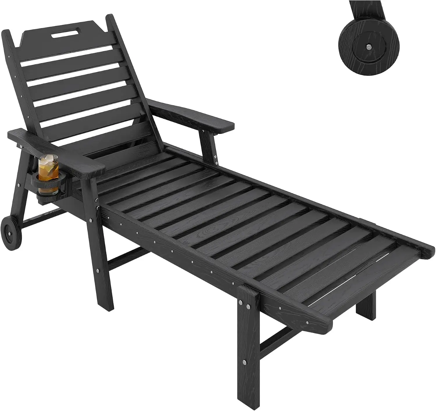 HDPE Lounge Chair Outdoor with Wood Texture & 5-Position Backrest | All-Weather Chaise Lounge Built-in Cup Holder & Rolling Wheels for Patio, Poolside, Deck & Backyard