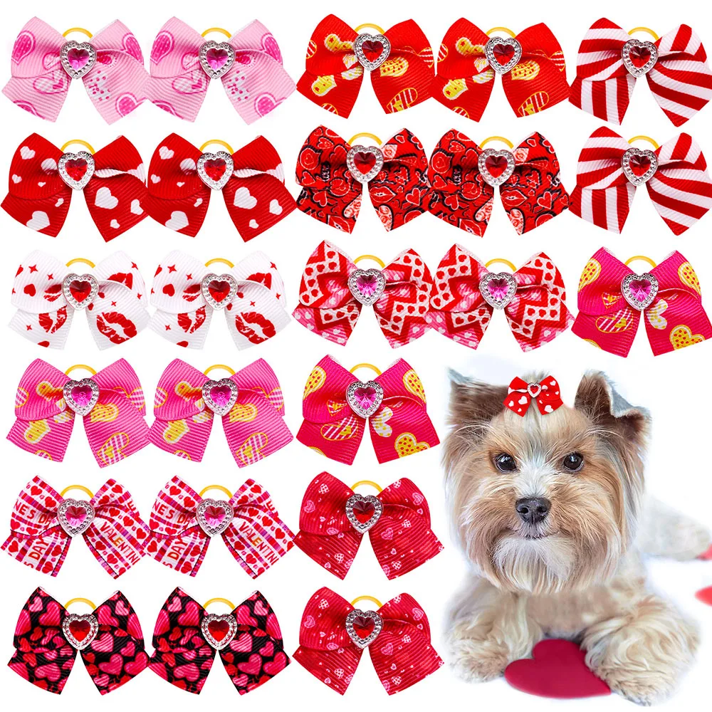 100PCS Valentine's Day Dog Bows Diamond Love Hair Bows For Dogs Pets PInk Gril Dogs Bowknot For Small Dogs Hair Accessories