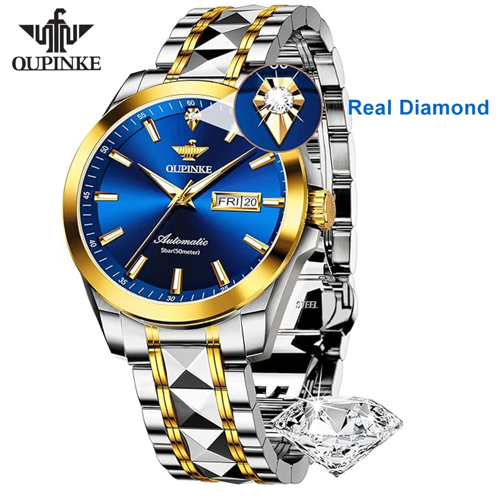 OUPINKE Original Real Diamond Mens Wristwatch Automatic Mechanical Watch for Men Luxury Top Brand Swiss Movement Man Dress Watch