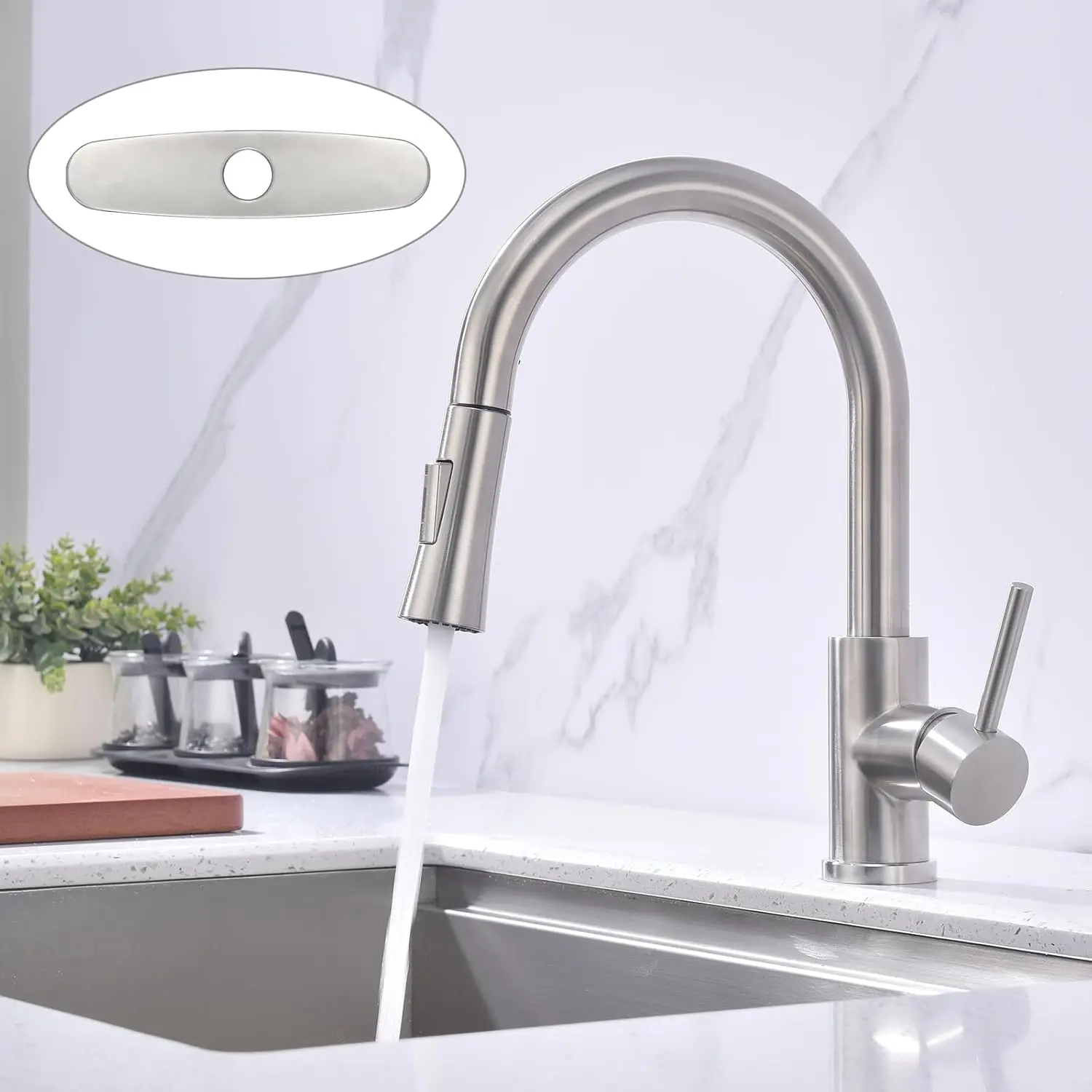 

Stainless Steel High Arc Pull Down Kitchen Faucet with Sprayer, Brushed Nickel Finish for 1 or 3 Hole Sink