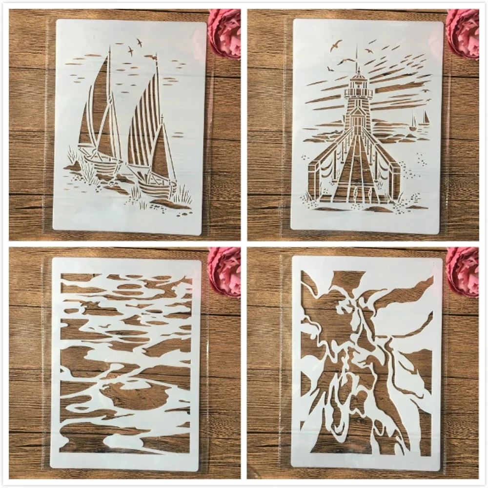 4Pcs A4 29cm Sailboat Lighthouse Iceberg DIY Layering Stencils Painting Scrapbook Coloring Embossing Album Decorative Template